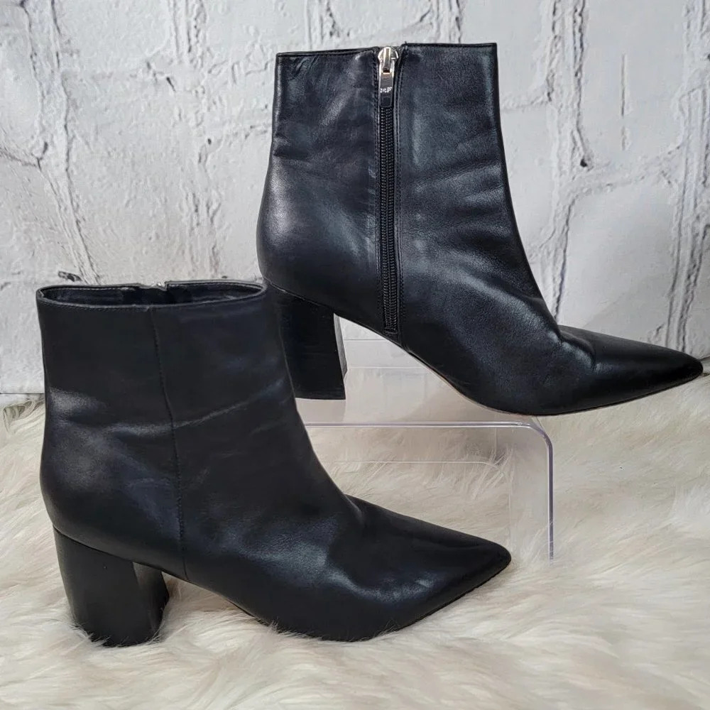Marc Fisher Womens 9.5 Black Leather Pointy Toe Minimalist Sexy Heeled Bootie‎
